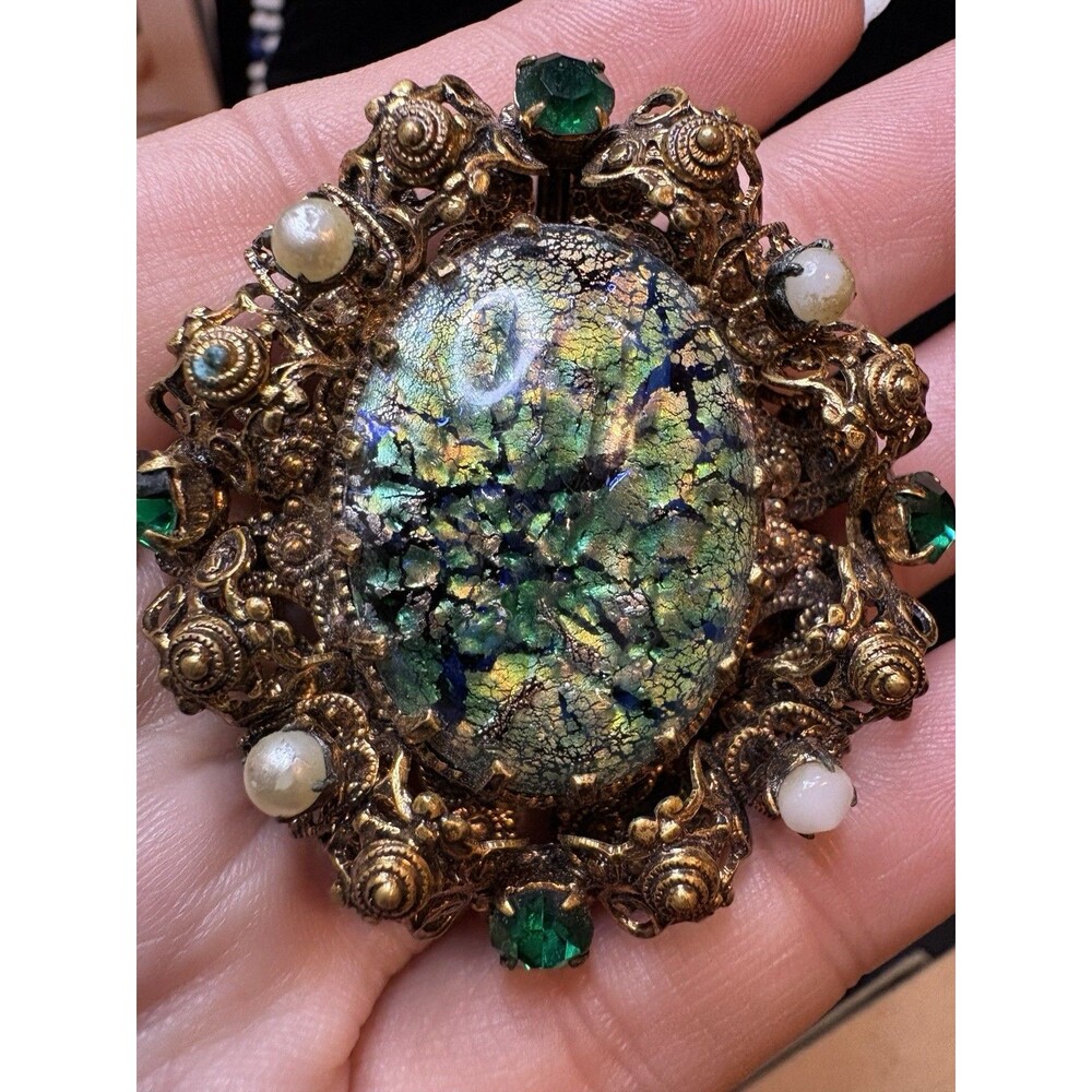 Vintage Dragon’s Breath Art Glass Brooch Ornate Gold Tone Faux Pearl Green